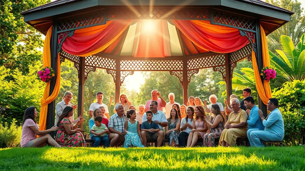 community gathering in gazebos