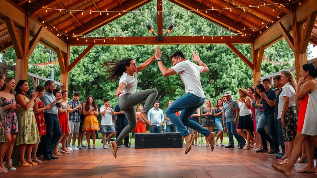 dance battle under gazebo