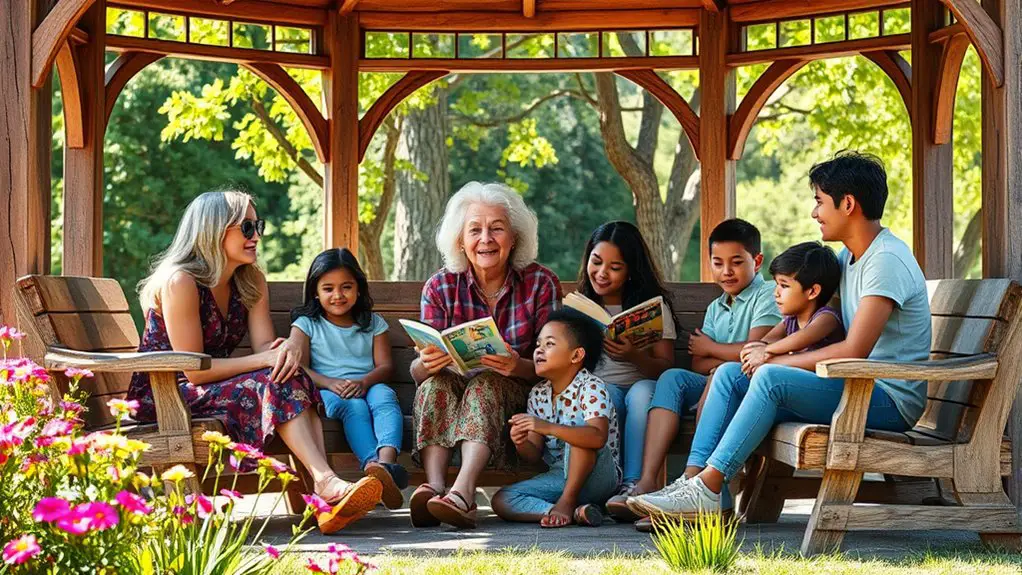 family storytelling in gazebo
