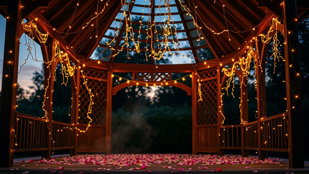fairy lights illuminate gazebo