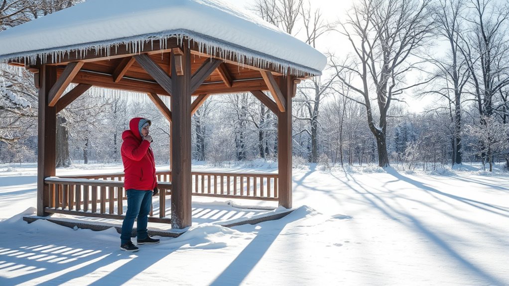 inspecting gazebo after snowfall