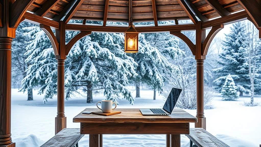 serene gazebo winter workspace