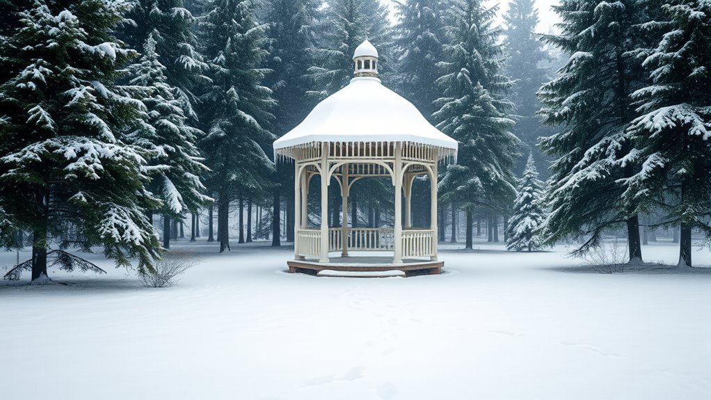 wintry gazebo in forest